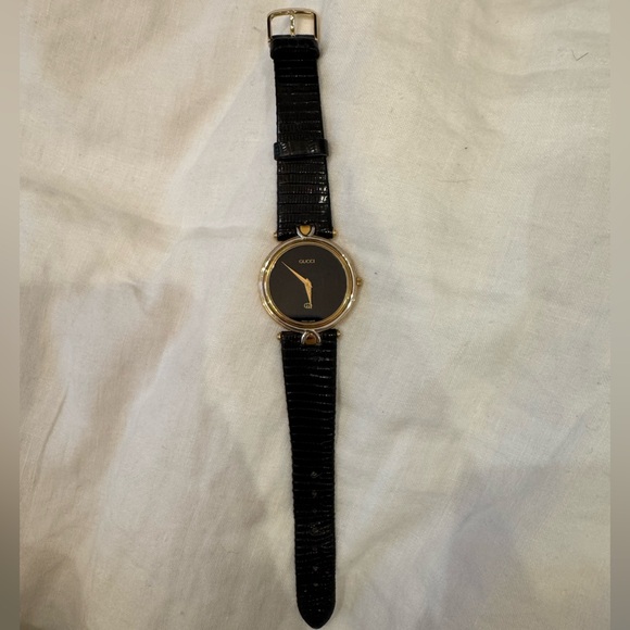 Gucci Gold and Black Leather Watch - Picture 2 of 4